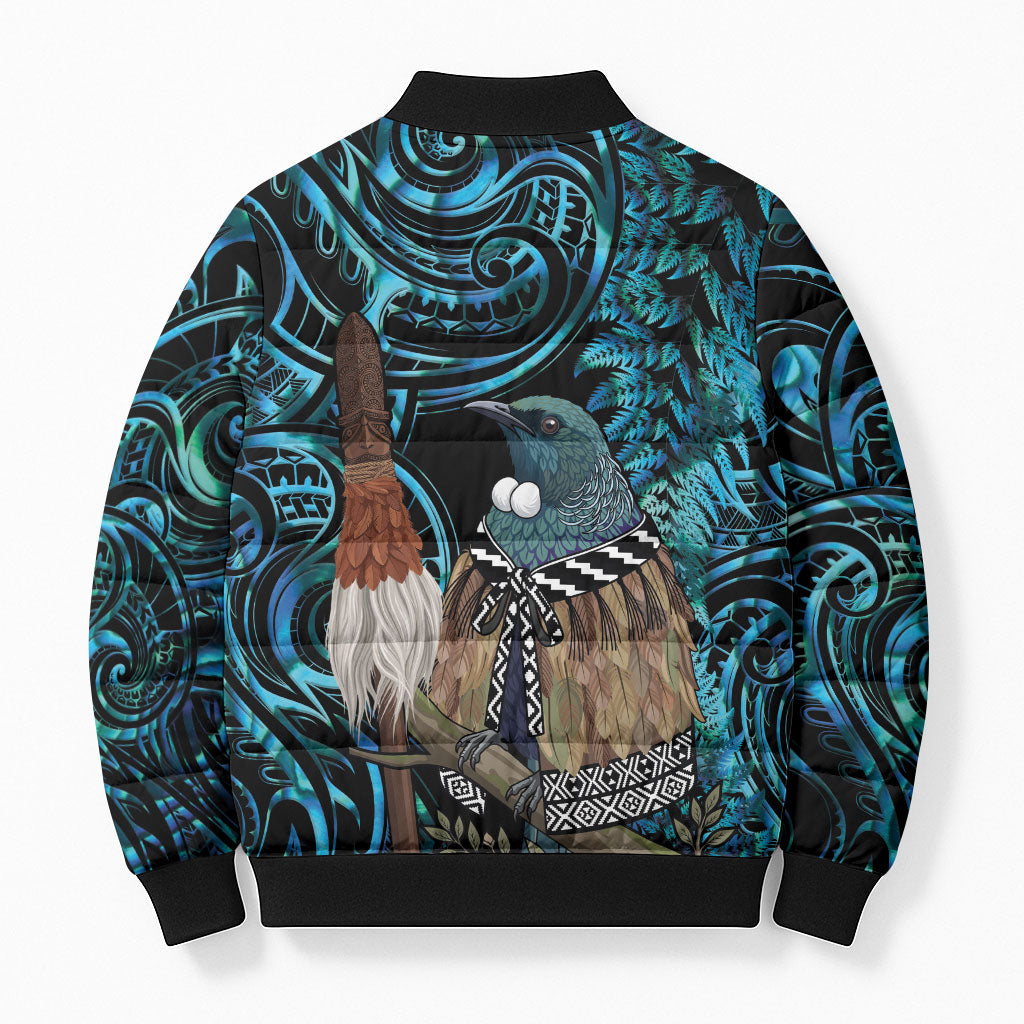 New Zealand Tui Bird Taiaha Bomber Puffer Jacket Maori Weapon Paua Shell Mix Silver Fern