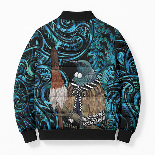 New Zealand Tui Bird Taiaha Bomber Puffer Jacket Maori Weapon Paua Shell Mix Silver Fern