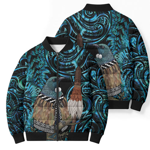 New Zealand Tui Bird Taiaha Bomber Puffer Jacket Maori Weapon Paua Shell Mix Silver Fern