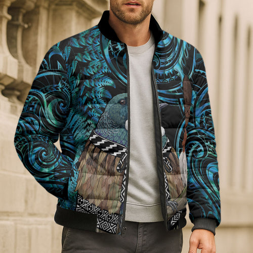 New Zealand Tui Bird Taiaha Bomber Puffer Jacket Maori Weapon Paua Shell Mix Silver Fern
