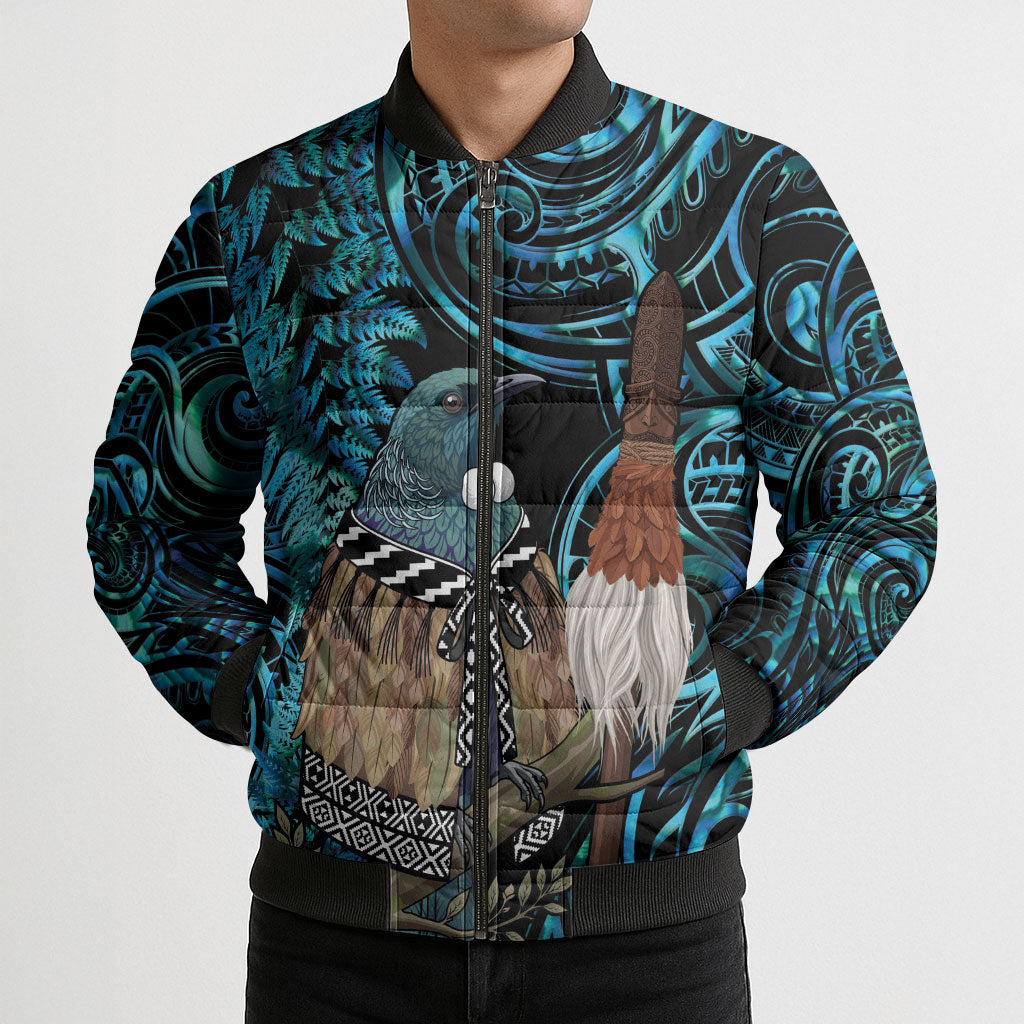 New Zealand Tui Bird Taiaha Bomber Puffer Jacket Maori Weapon Paua Shell Mix Silver Fern