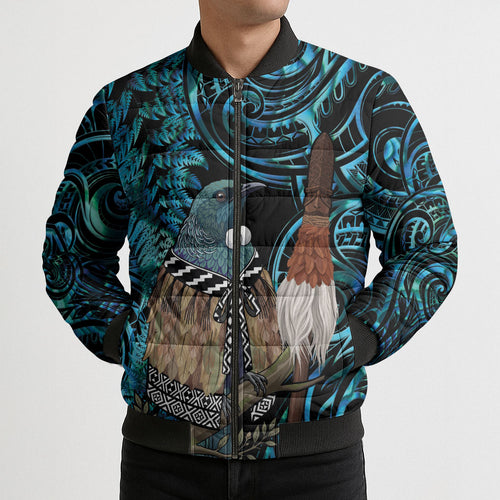 New Zealand Tui Bird Taiaha Bomber Puffer Jacket Maori Weapon Paua Shell Mix Silver Fern