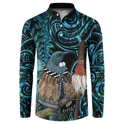 New Zealand Tui Bird Taiaha Button Sweatshirt Maori Weapon Paua Shell Mix Silver Fern