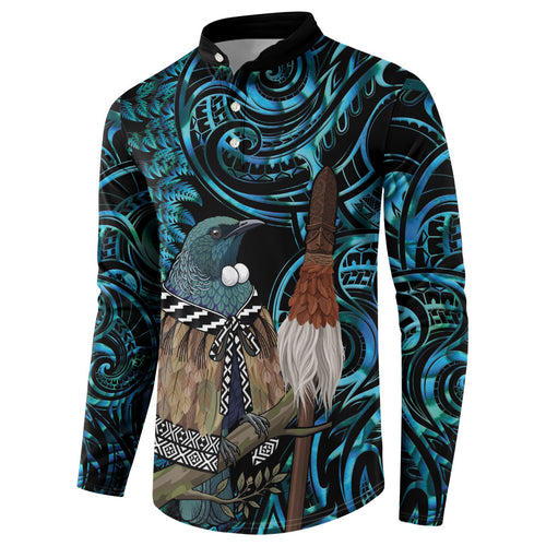 New Zealand Tui Bird Taiaha Button Sweatshirt Maori Weapon Paua Shell Mix Silver Fern