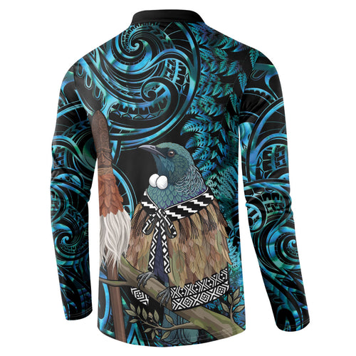 New Zealand Tui Bird Taiaha Button Sweatshirt Maori Weapon Paua Shell Mix Silver Fern
