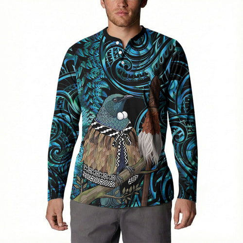 New Zealand Tui Bird Taiaha Button Sweatshirt Maori Weapon Paua Shell Mix Silver Fern