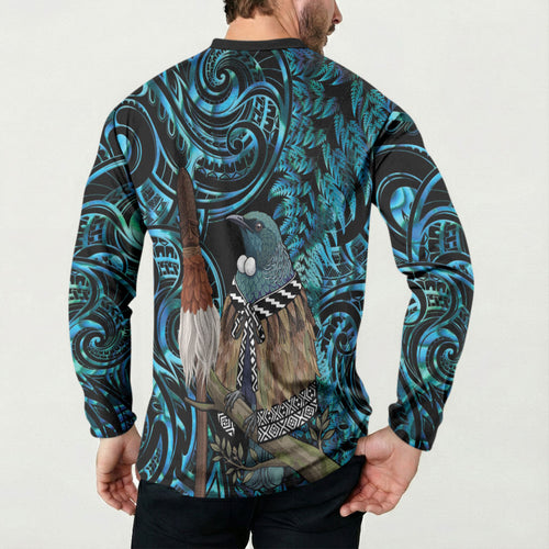 New Zealand Tui Bird Taiaha Button Sweatshirt Maori Weapon Paua Shell Mix Silver Fern