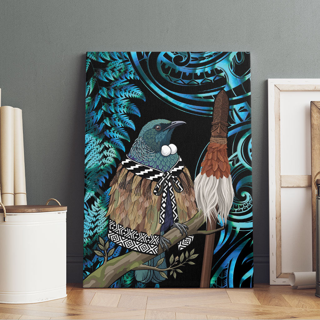 New Zealand Tui Bird Taiaha Canvas Wall Art Maori Weapon Paua Shell Mix Silver Fern