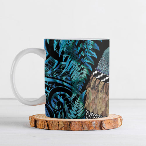 New Zealand Tui Bird Taiaha Ceramic Mug Maori Weapon Paua Shell Mix Silver Fern