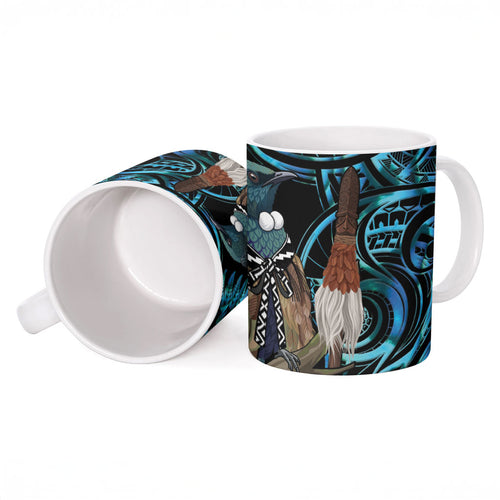 New Zealand Tui Bird Taiaha Ceramic Mug Maori Weapon Paua Shell Mix Silver Fern