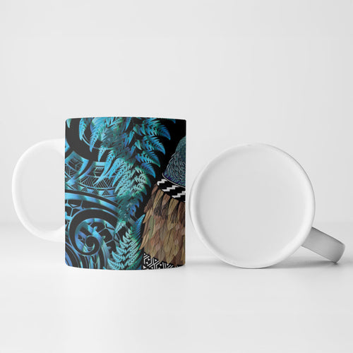New Zealand Tui Bird Taiaha Ceramic Mug Maori Weapon Paua Shell Mix Silver Fern