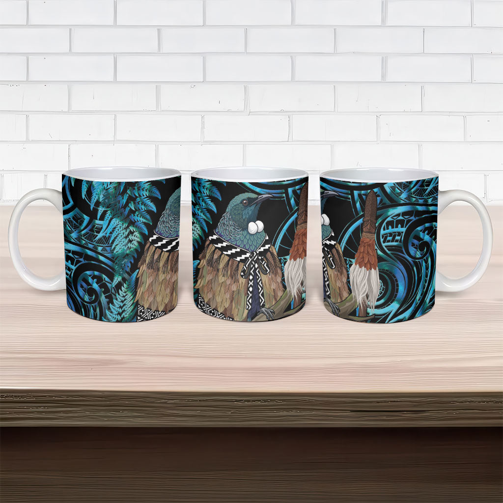 New Zealand Tui Bird Taiaha Ceramic Mug Maori Weapon Paua Shell Mix Silver Fern