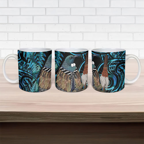 New Zealand Tui Bird Taiaha Ceramic Mug Maori Weapon Paua Shell Mix Silver Fern