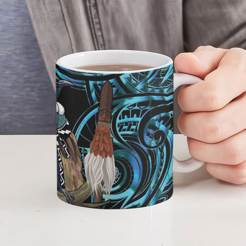 New Zealand Tui Bird Taiaha Ceramic Mug Maori Weapon Paua Shell Mix Silver Fern