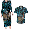 New Zealand Tui Bird Taiaha Couples Matching Long Sleeve Bodycon Dress and Hawaiian Shirt Maori Weapon Paua Shell Mix Silver Fern