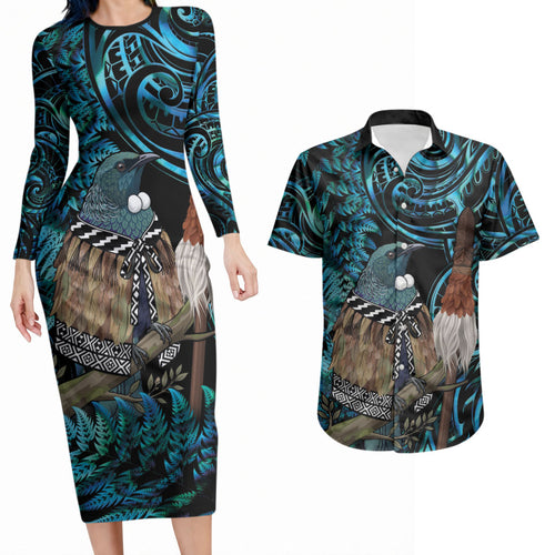 New Zealand Tui Bird Taiaha Couples Matching Long Sleeve Bodycon Dress and Hawaiian Shirt Maori Weapon Paua Shell Mix Silver Fern