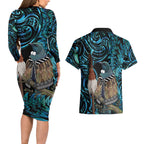 New Zealand Tui Bird Taiaha Couples Matching Long Sleeve Bodycon Dress and Hawaiian Shirt Maori Weapon Paua Shell Mix Silver Fern