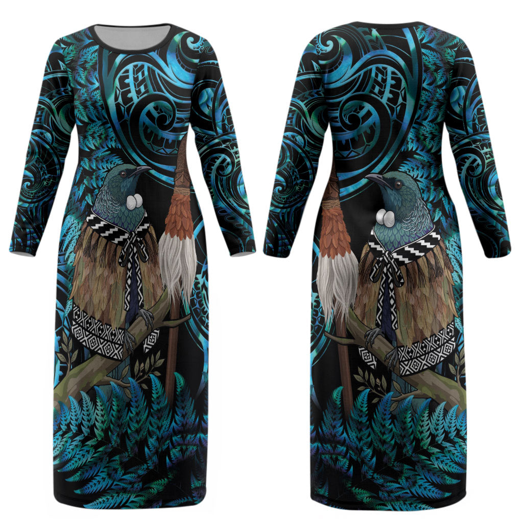New Zealand Tui Bird Taiaha Couples Matching Long Sleeve Bodycon Dress and Hawaiian Shirt Maori Weapon Paua Shell Mix Silver Fern LT14