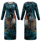 New Zealand Tui Bird Taiaha Couples Matching Long Sleeve Bodycon Dress and Hawaiian Shirt Maori Weapon Paua Shell Mix Silver Fern LT14