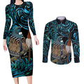 New Zealand Tui Bird Taiaha Couples Matching Long Sleeve Bodycon Dress and Long Sleeve Button Shirt Maori Weapon Paua Shell Mix Silver Fern