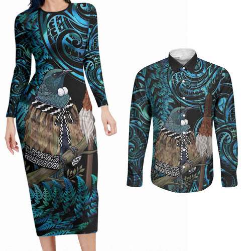 New Zealand Tui Bird Taiaha Couples Matching Long Sleeve Bodycon Dress and Long Sleeve Button Shirt Maori Weapon Paua Shell Mix Silver Fern