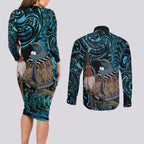 New Zealand Tui Bird Taiaha Couples Matching Long Sleeve Bodycon Dress and Long Sleeve Button Shirt Maori Weapon Paua Shell Mix Silver Fern