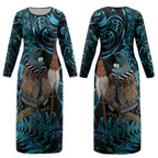 New Zealand Tui Bird Taiaha Couples Matching Long Sleeve Bodycon Dress and Long Sleeve Button Shirt Maori Weapon Paua Shell Mix Silver Fern LT14