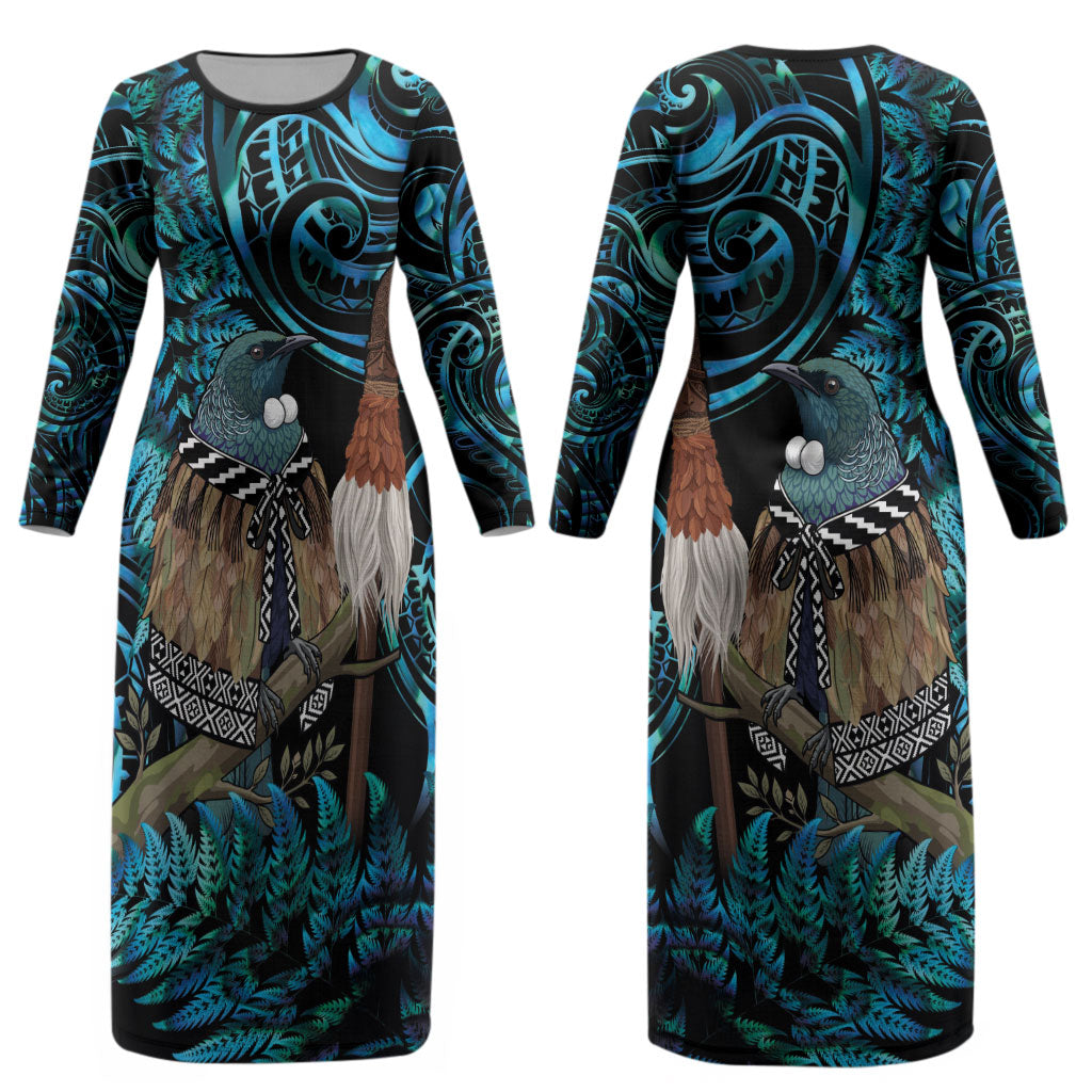 New Zealand Tui Bird Taiaha Couples Matching Long Sleeve Bodycon Dress and Long Sleeve Button Shirt Maori Weapon Paua Shell Mix Silver Fern LT14