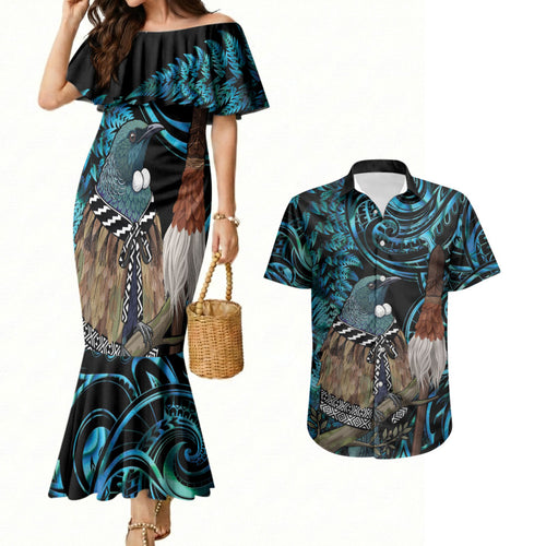 New Zealand Tui Bird Taiaha Couples Matching Mermaid Dress and Hawaiian Shirt Maori Weapon Paua Shell Mix Silver Fern