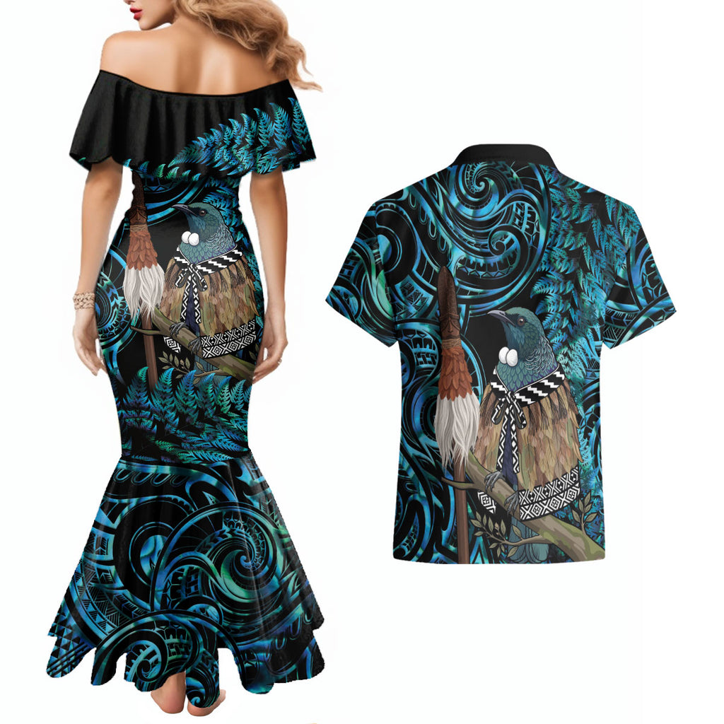 New Zealand Tui Bird Taiaha Couples Matching Mermaid Dress and Hawaiian Shirt Maori Weapon Paua Shell Mix Silver Fern