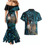 New Zealand Tui Bird Taiaha Couples Matching Mermaid Dress and Hawaiian Shirt Maori Weapon Paua Shell Mix Silver Fern