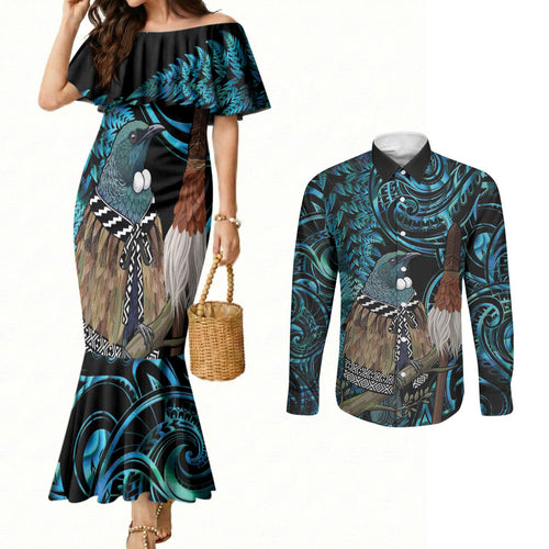 New Zealand Tui Bird Taiaha Couples Matching Mermaid Dress and Long Sleeve Button Shirt Maori Weapon Paua Shell Mix Silver Fern