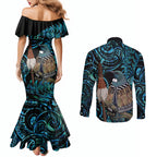 New Zealand Tui Bird Taiaha Couples Matching Mermaid Dress and Long Sleeve Button Shirt Maori Weapon Paua Shell Mix Silver Fern