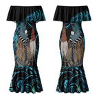 New Zealand Tui Bird Taiaha Couples Matching Mermaid Dress and Long Sleeve Button Shirt Maori Weapon Paua Shell Mix Silver Fern LT14