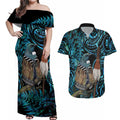New Zealand Tui Bird Taiaha Couples Matching Off Shoulder Maxi Dress and Hawaiian Shirt Maori Weapon Paua Shell Mix Silver Fern
