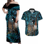 New Zealand Tui Bird Taiaha Couples Matching Off Shoulder Maxi Dress and Hawaiian Shirt Maori Weapon Paua Shell Mix Silver Fern