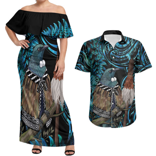 New Zealand Tui Bird Taiaha Couples Matching Off Shoulder Maxi Dress and Hawaiian Shirt Maori Weapon Paua Shell Mix Silver Fern