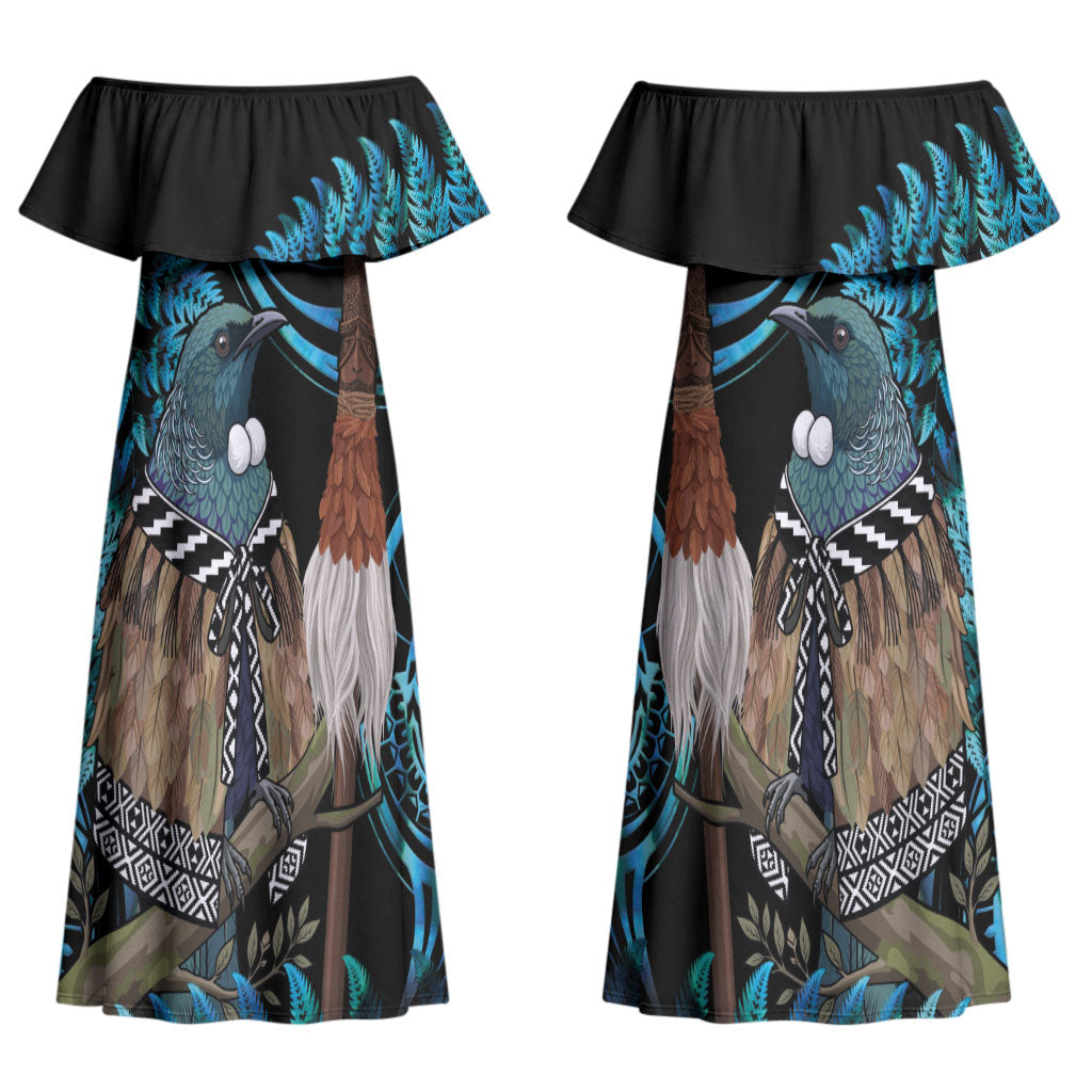New Zealand Tui Bird Taiaha Couples Matching Off Shoulder Maxi Dress and Hawaiian Shirt Maori Weapon Paua Shell Mix Silver Fern LT14