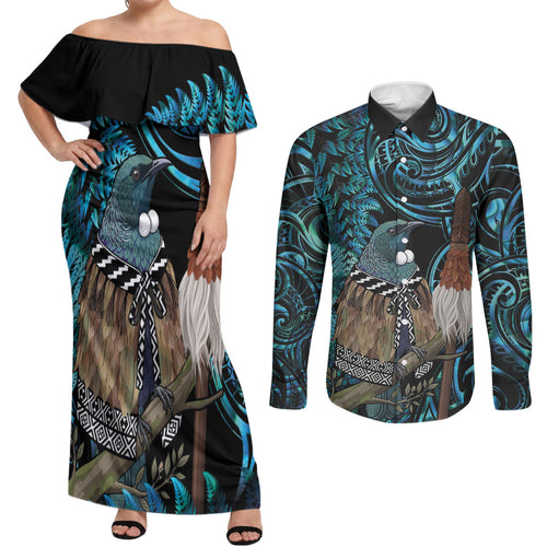 New Zealand Tui Bird Taiaha Couples Matching Off Shoulder Maxi Dress and Long Sleeve Button Shirt Maori Weapon Paua Shell Mix Silver Fern