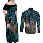 New Zealand Tui Bird Taiaha Couples Matching Off Shoulder Maxi Dress and Long Sleeve Button Shirt Maori Weapon Paua Shell Mix Silver Fern