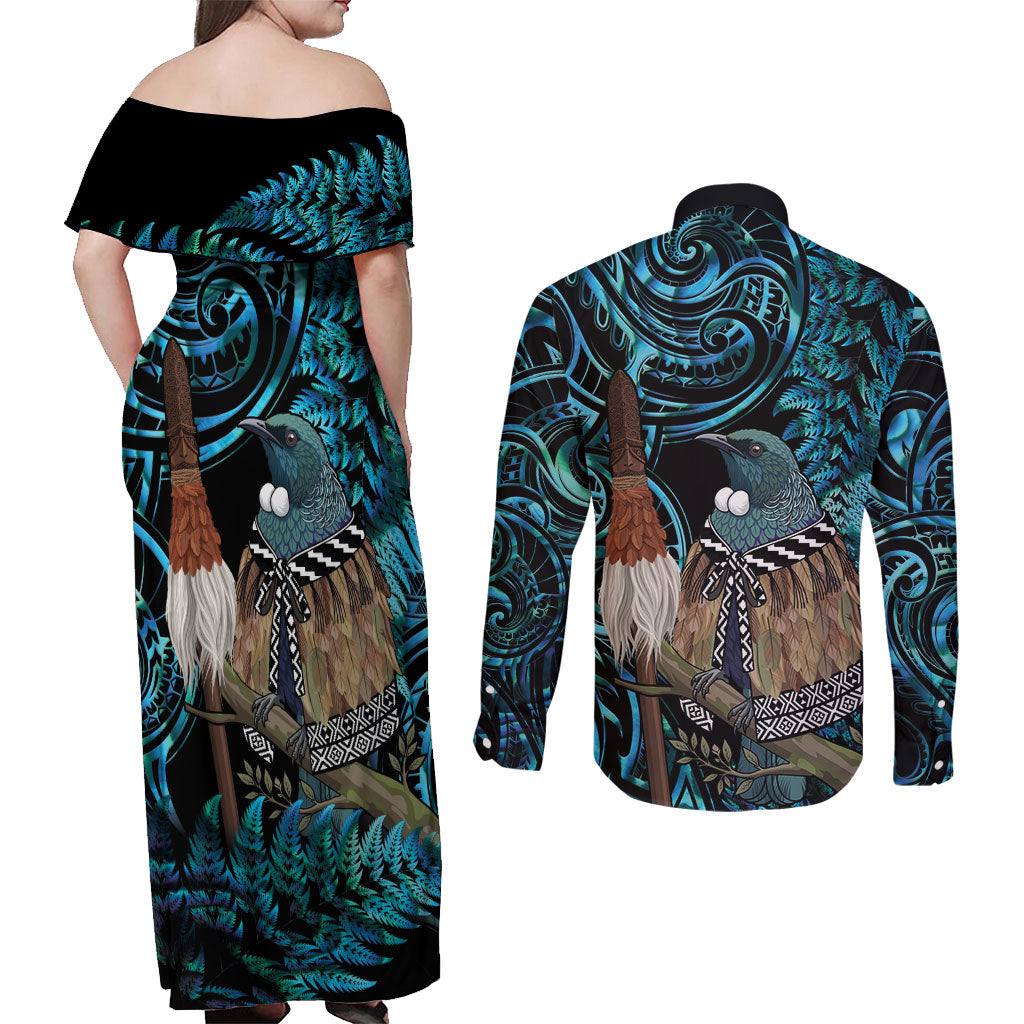 New Zealand Tui Bird Taiaha Couples Matching Off Shoulder Maxi Dress and Long Sleeve Button Shirt Maori Weapon Paua Shell Mix Silver Fern