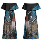 New Zealand Tui Bird Taiaha Couples Matching Off Shoulder Maxi Dress and Long Sleeve Button Shirt Maori Weapon Paua Shell Mix Silver Fern LT14