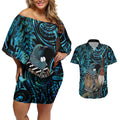 New Zealand Tui Bird Taiaha Couples Matching Off Shoulder Short Dress and Hawaiian Shirt Maori Weapon Paua Shell Mix Silver Fern