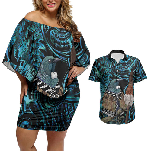 New Zealand Tui Bird Taiaha Couples Matching Off Shoulder Short Dress and Hawaiian Shirt Maori Weapon Paua Shell Mix Silver Fern