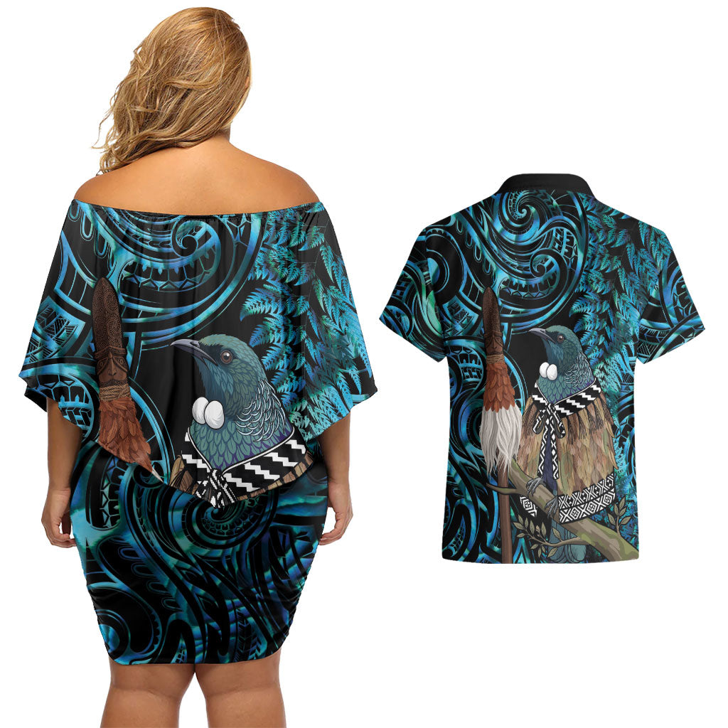 New Zealand Tui Bird Taiaha Couples Matching Off Shoulder Short Dress and Hawaiian Shirt Maori Weapon Paua Shell Mix Silver Fern