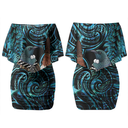 New Zealand Tui Bird Taiaha Couples Matching Off Shoulder Short Dress and Hawaiian Shirt Maori Weapon Paua Shell Mix Silver Fern