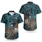 New Zealand Tui Bird Taiaha Couples Matching Off Shoulder Short Dress and Hawaiian Shirt Maori Weapon Paua Shell Mix Silver Fern LT14