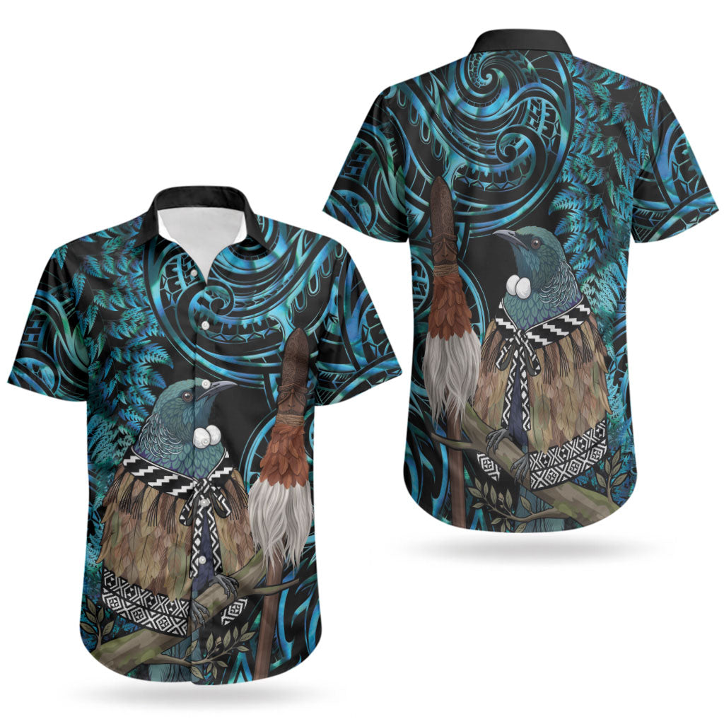 New Zealand Tui Bird Taiaha Couples Matching Off Shoulder Short Dress and Hawaiian Shirt Maori Weapon Paua Shell Mix Silver Fern LT14