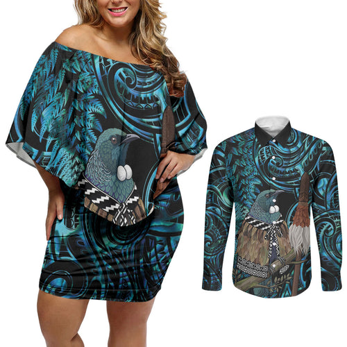 New Zealand Tui Bird Taiaha Couples Matching Off Shoulder Short Dress and Long Sleeve Button Shirt Maori Weapon Paua Shell Mix Silver Fern