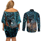New Zealand Tui Bird Taiaha Couples Matching Off Shoulder Short Dress and Long Sleeve Button Shirt Maori Weapon Paua Shell Mix Silver Fern